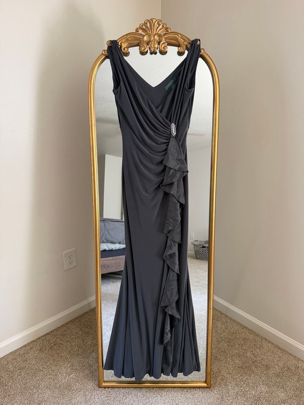 Ralph Lauren Evening Gray Ruffle Maxi Formal Dress